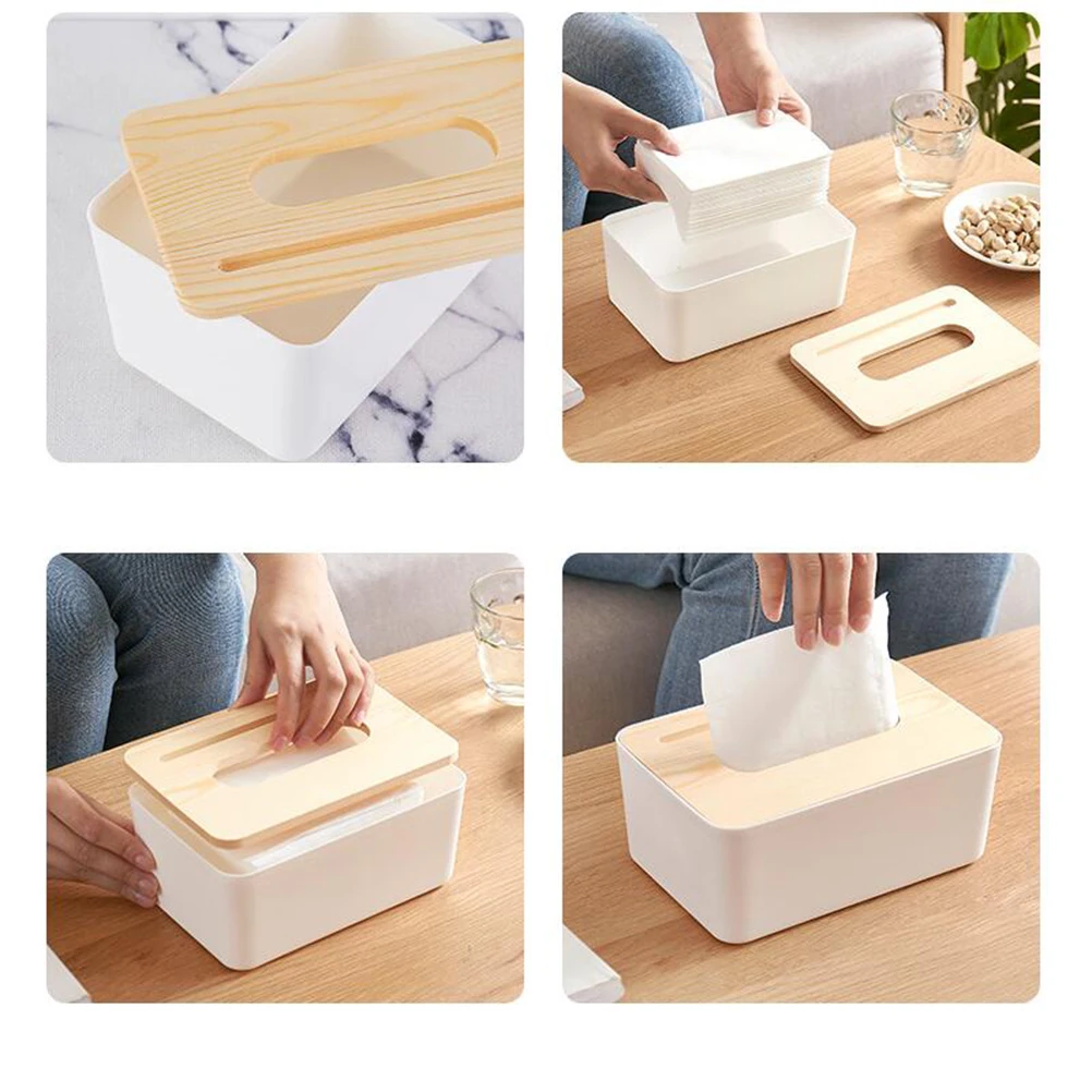 

Large White Multifunctional Tissue Box Plastic Napkins Organizer Wooden Cover Phone Holder Dustproof For Bedroom Living