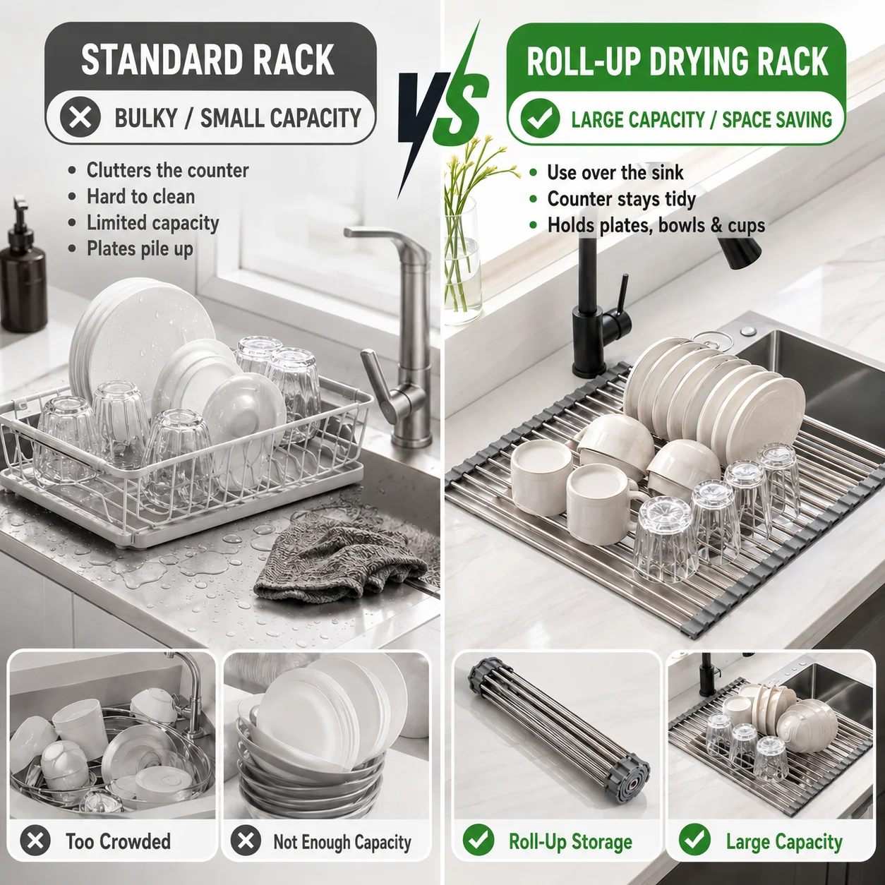 1Pc Luxury Stainless Steel Foldable Over Sink Dish Drying Rack Space Saving Multifunctional Rollable Sink Mat Rustproof Durable