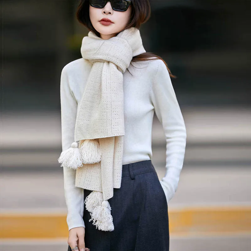 

New 25 Autumn/Winter Women's 100% Australian Wool Scarf Shawl Fashion Hollow Knitted Solid Color Warm Women's Long wool Scarf