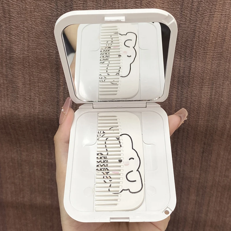 Cartoon Cute Rabbit Folding Clamshell Mirror Makeup Mirror With Comb Portable Creative For Women Girls Handheld Mirror