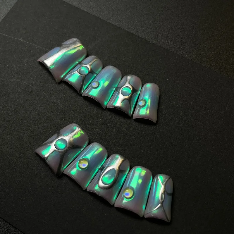 

10 шт., голографические ногти ручной работы, футуристический пресс на ногтях, утконос, металлик, серебристый, опал, светящиеся накладные ногти, переливающийся стиль Y2K