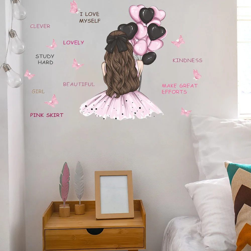 Inspirational Girl Wall Decal, Pink Dress Girl with Balloons & 