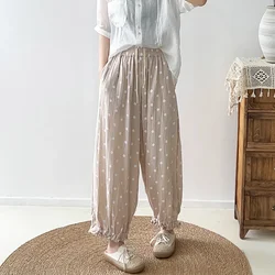 2023 New Arrival Summer Cotton Elastic Waist Bloomers Pants Women Ankle-length Pants Casual Loose Dot Polka Print Harem Pants