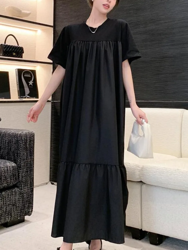 فستان نسائي كوري صيفي جديد من فيستدوس رداء Elbise فضفاض مقاس كبير فساتين طويلة مرقعة وأكمام قصيرة