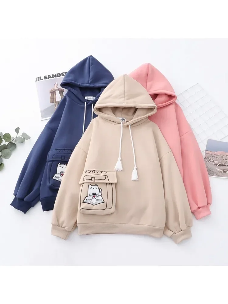 High Quality 100% Cotton Fleece Hooded Sweatshirt Women Autumn Korean Casual Sweet Style Cat Hoodies Warm Thick Pink Y2k Clothes