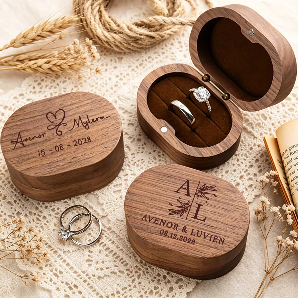 Custom Laser Engraved Wooden Ring Box with Name, Double Slot Ring Holder, Wedding Keepsake Box, Personalized Ring Display Case