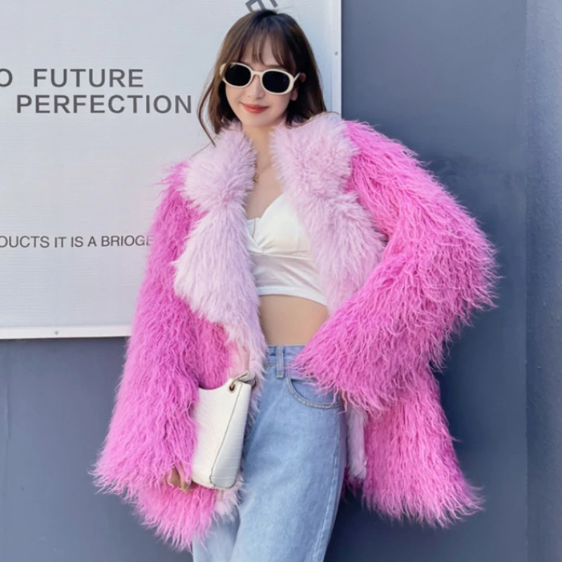 

Winter New Women Faux Fur Coat Imitated Tibet Sheep Fur Mid-Length Toka Lapel Outwear Fashion Patchwork Warm Lamb Wool Outcoat