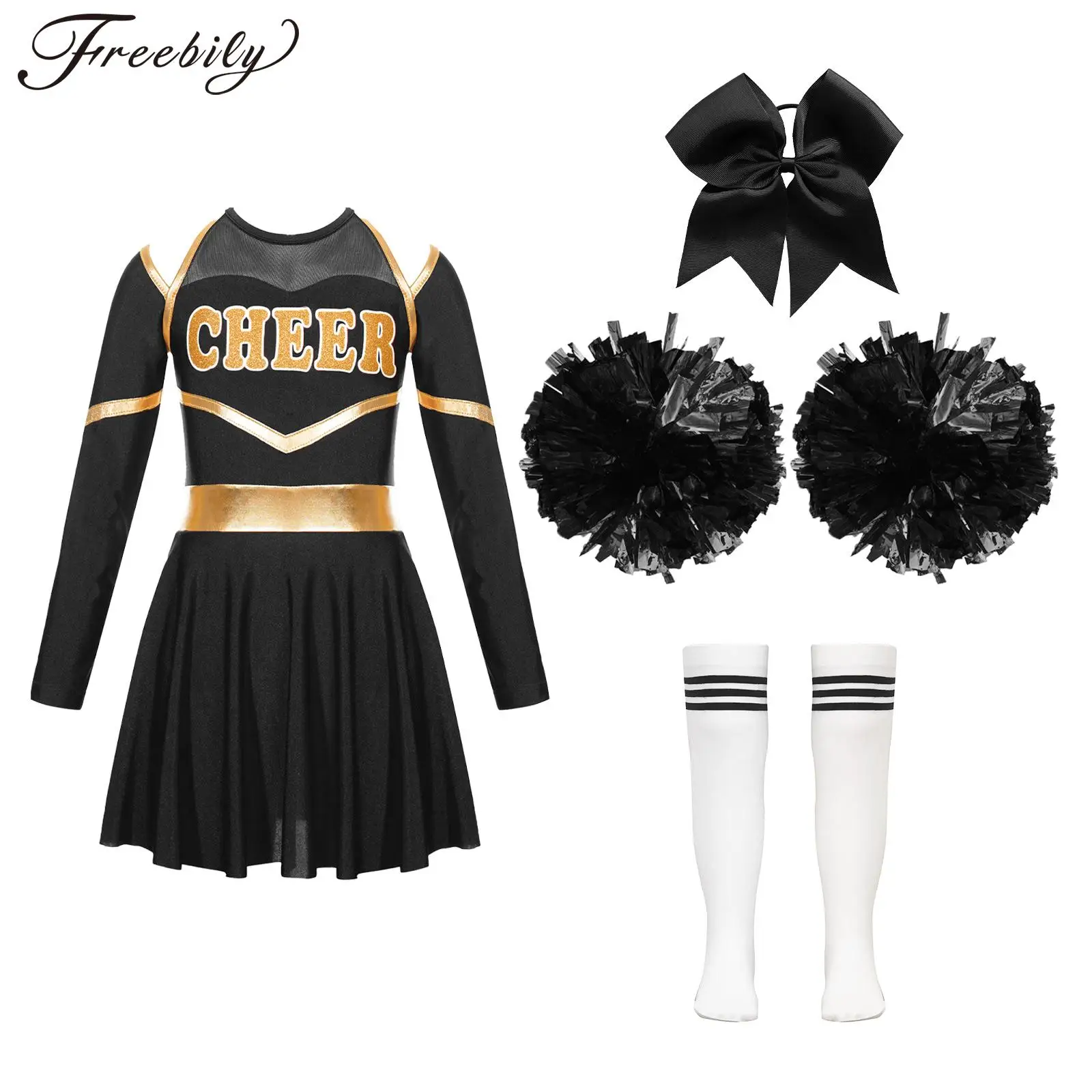 Kids Girls Cheerleader Costume Cheerleading Outfits Metallic Leotard Dance Dress Cheer Uniform Dancewear Halloween Costume