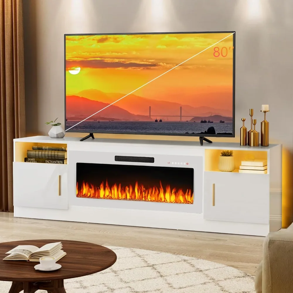 

Lemberi Fireplace tv Stand with 36 inch White Fireplace Up to 80"TVs,LED Light Entertainment Center and Storage, 70" Modern Wood