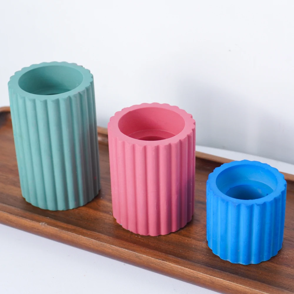 Cylindrical Striped Candle Holder Silicone Mold DIY Round Candlestick Crafts Making Plaster Concrete Resin Molds Home Decoration