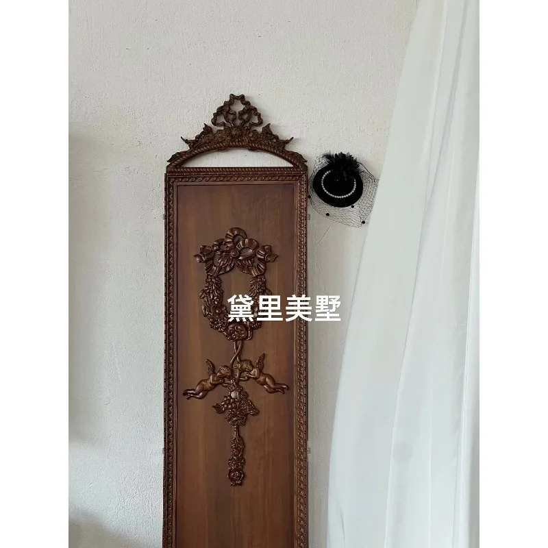 French retro three-fold full-length mirror solid wood carving flower full-length mirror medium antique small apartment clothing