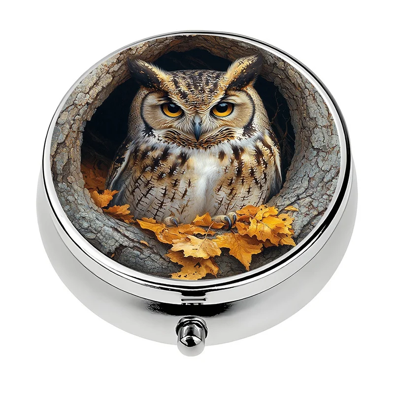 1 travel portable pill box with 3 compartments, owl-themed autumn leaf pattern, portable pill and vitamin storage box, pill organizer, a unique gift for organizing vitamins and medications