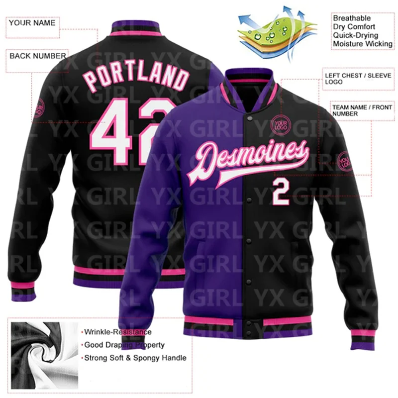 Custom Zwart Wit Paars-Roze Bommenwerper Full-Snap Varsity Letterman Split Fashion Jack Baseball Knoopjack