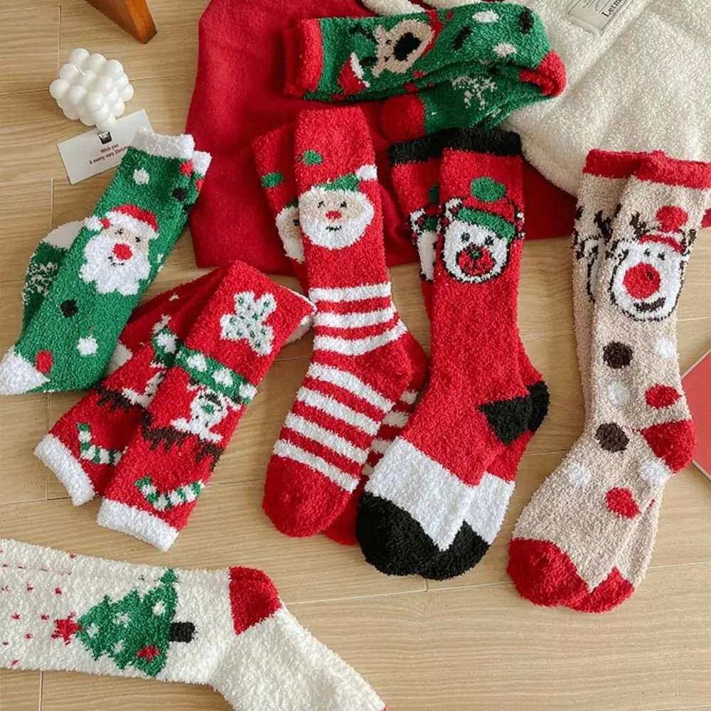 Sweet Calf Socks Christmas Stocking Coral Fleece Korean Style Home Sleep Socks Fashion Design Santa Claus Women Hosiery Girls