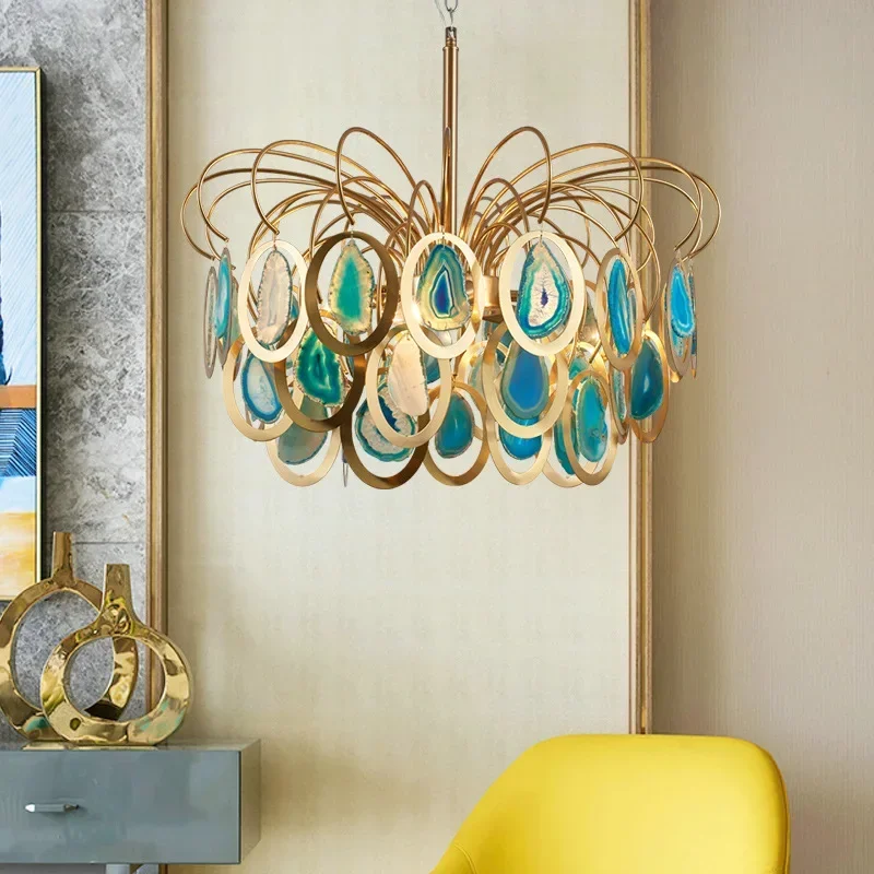 Modern LED Crown Agate Ceiling Chandeliers Light Luxury Living Dining Room Pendant Lamp Home Decor Hanging Light Luster Fixtures
