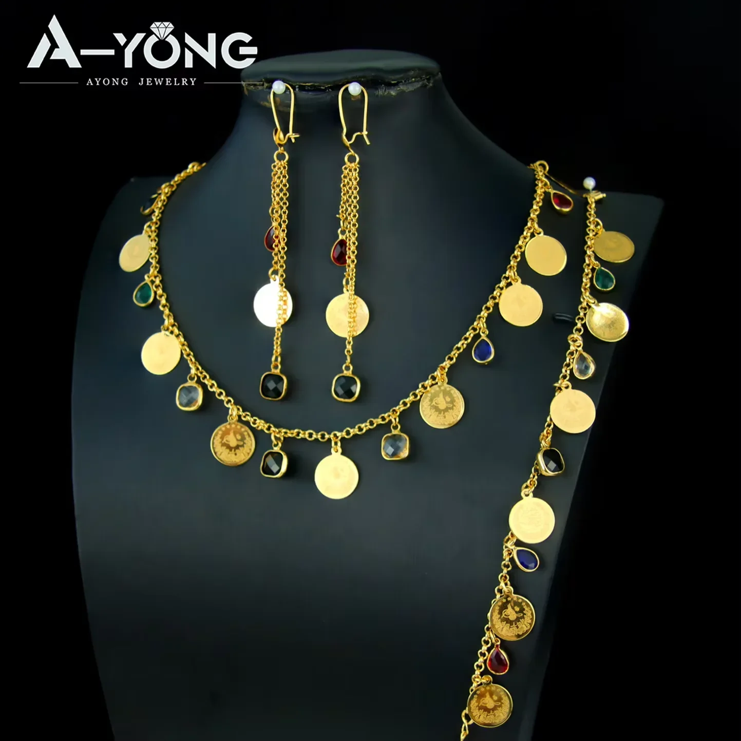 Luxury Algeria Bridal Coins Charm Jewelry 21k Gold Plated Multi Colors Zirconia Pendant Necklace Kurdish Women Daily Jewellry