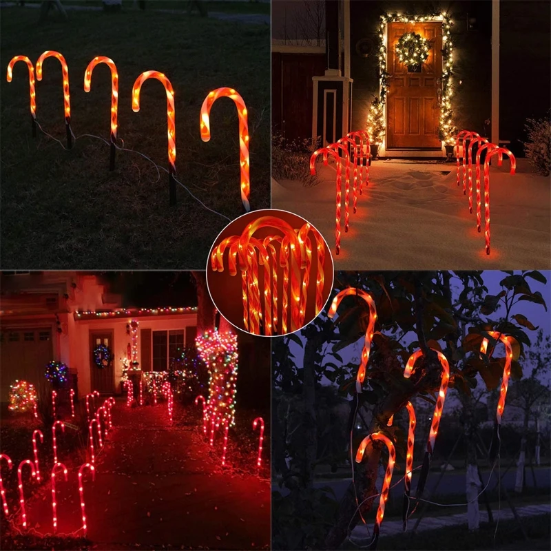 10 Pcs Red Candy Cane LED Light Christmas Lighted Lamp String Outdoor Patio Yard Landscape Holiday Xmas Pary Decor