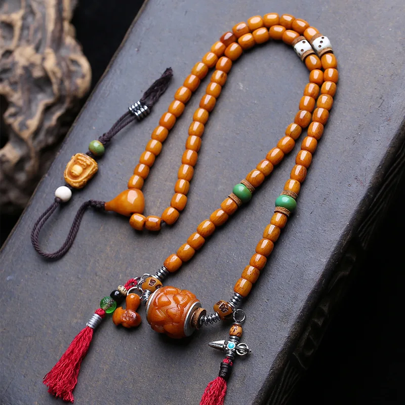 Yak barrel clavicle chain, camel bone three-way bead, Amulet of the Unformidable Buddha, copper vajra scepter accessor