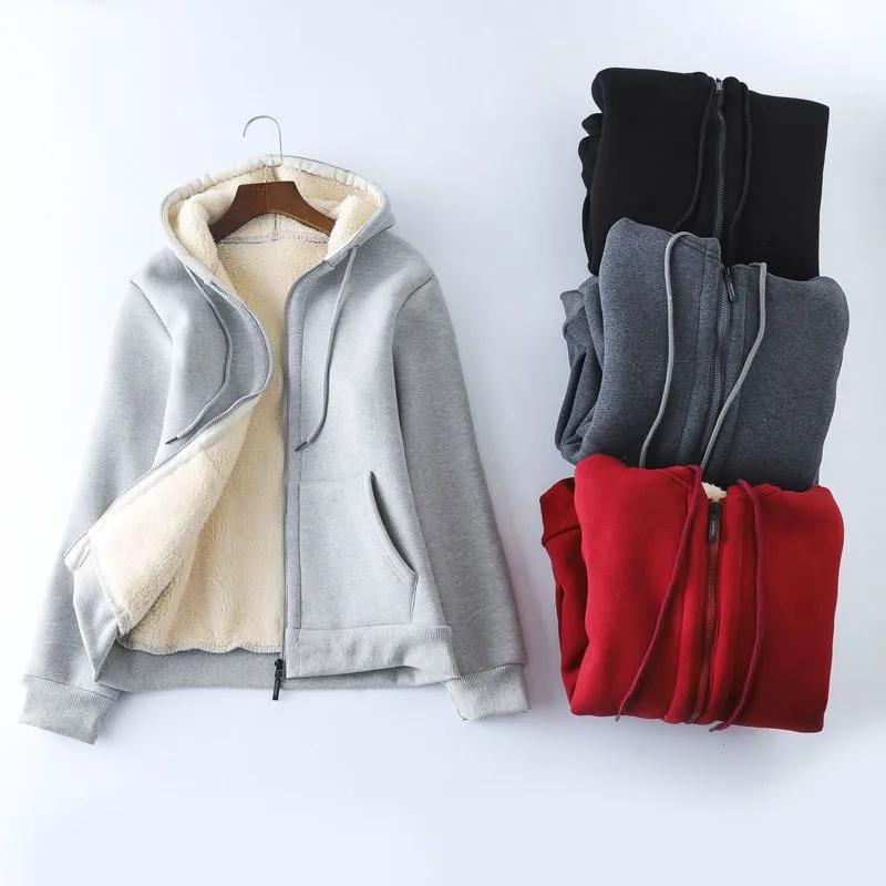 Plush Lining Sweatshirt Keep Warm Fleeced Lined Women Sweatshirt Drawstring Ribbed Cuff Zipper hoodie Jacket Autumn Warm Coat