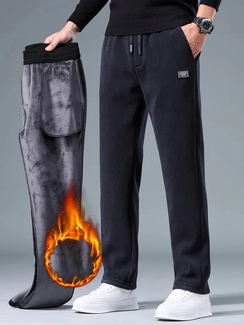 

Winter Corduroy Fleece Lined Pants Men Thick Drawstring Sweatpants Warm Wide Leg Straight Casual Male Loose Trousers