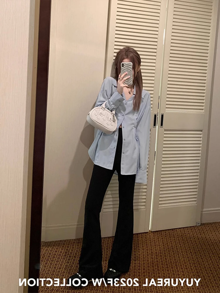 

Синяя женская рубашка в полоску с эффектом утяжки на талии, базовый слой для многослойных образов, с воротником, длинным рукавом, в повседневном стиле, весна-осень-зима, верхняя одежда