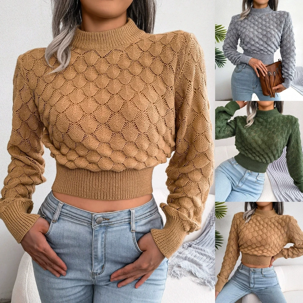 Fashion Women Knitted Pullover Crop Sweater Autumn Winter Long Sleeve Girl Crew Neck Twist Short Tops High Waist Sexy Clothing