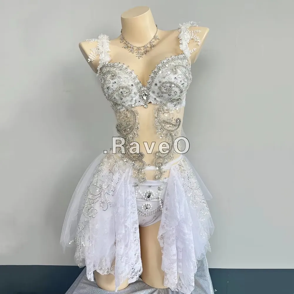 Women Sexy Luxury Diamond Glitter Bikini Electric Syllable Skirt Rave Outfit Nightclub Dancer Stage Wear Birthday Party Clothing