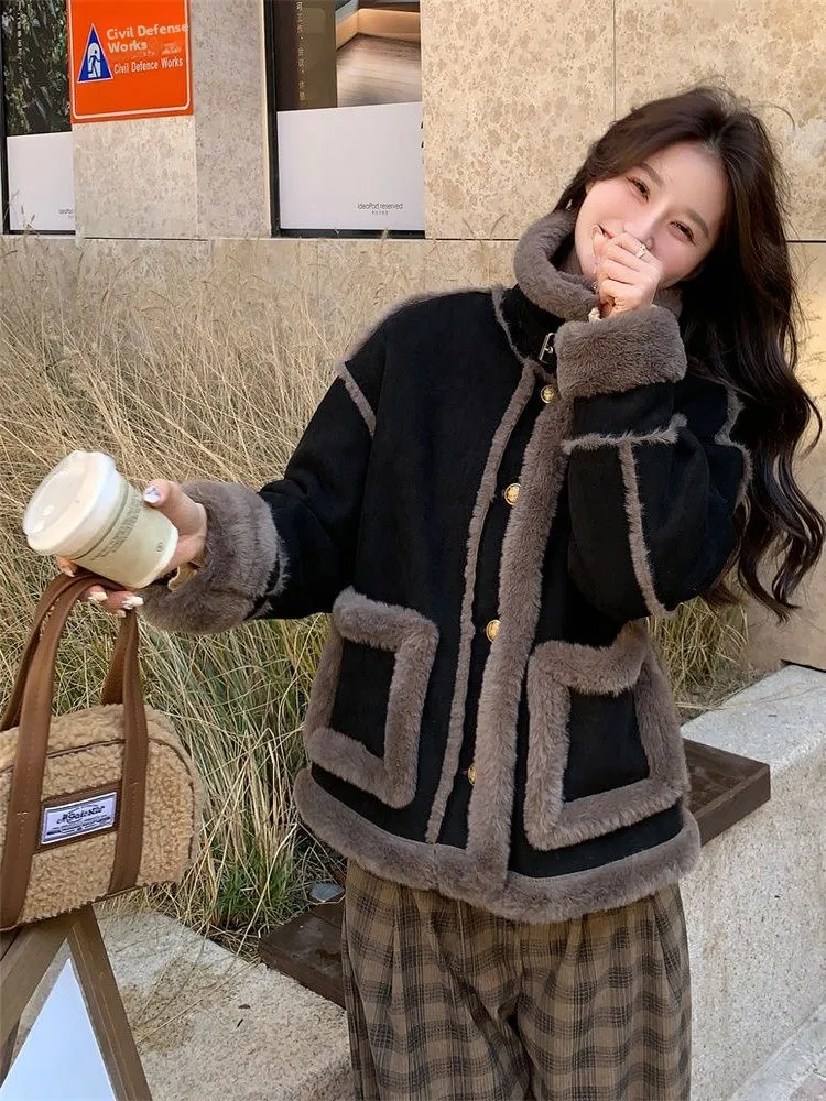 Bla Lamb Fur Jaet المرأة الشتاء Thiened تصميم فضفاض عالية الياقة ملابس قطنية عادية Sle طويلة Sve زر إغلاق #3