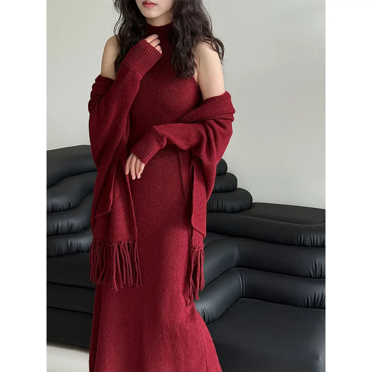 

SuperAen осенне-зимний новый вязаный пуловер, жилет для похудения, длинное платье, асимметричное пальто с шалью, свитер, женские комплекты из двух предметов