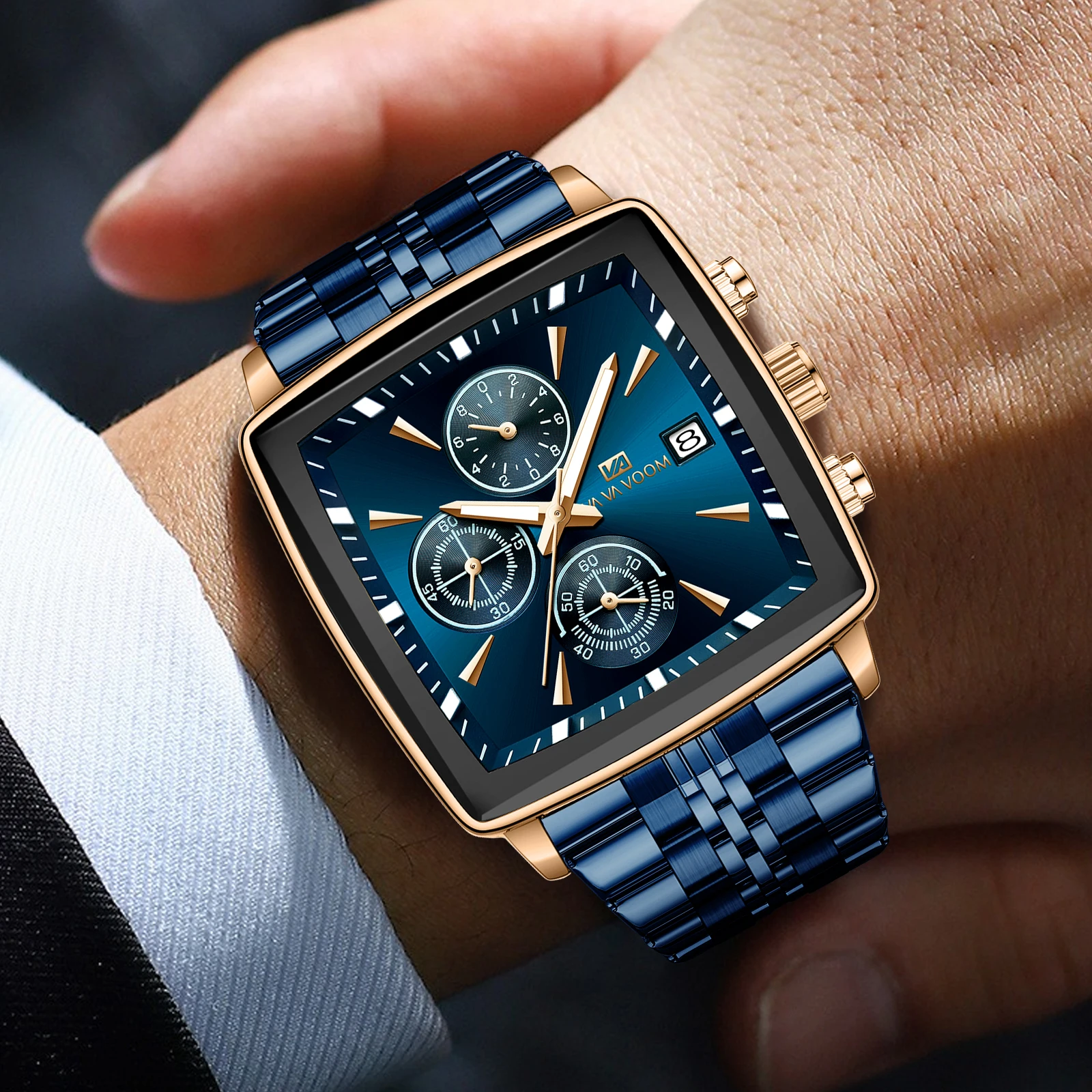 VA VA VOOM Hot Selling Quartz Watch Men Original Design Multi Functional Timing Black Steel Strap Timing Business Watch Clock