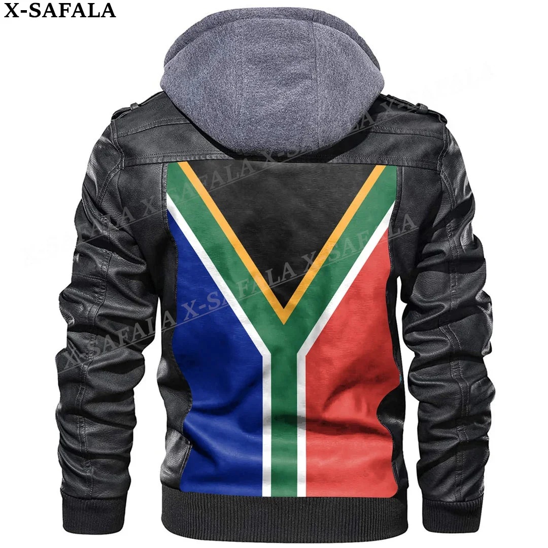 

South Africa Flag Leather Jacket Men Winter Fleece Motorcycle Faux Leather Jacket Removable Fur Collar Windbreaker Coat-1