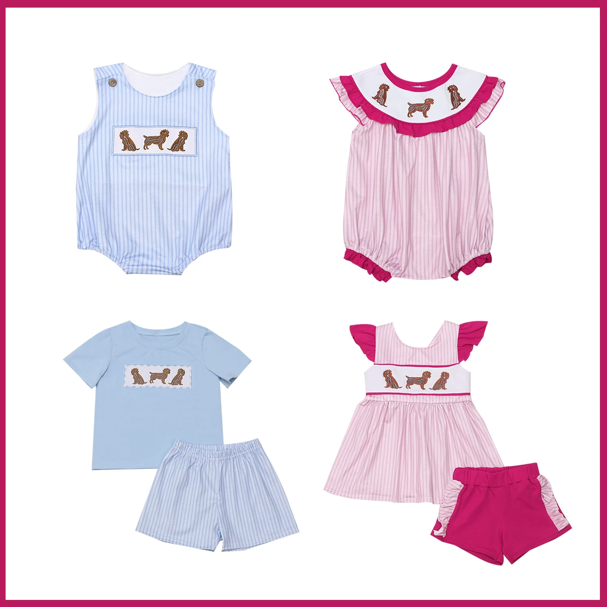 

Eatser Pink Shorts Sleeve Round Neck Girls Romper Puppy Embroidery Jumpsuit Ruffle Cloth Suit Lattices Outfits Boy Clothes Set