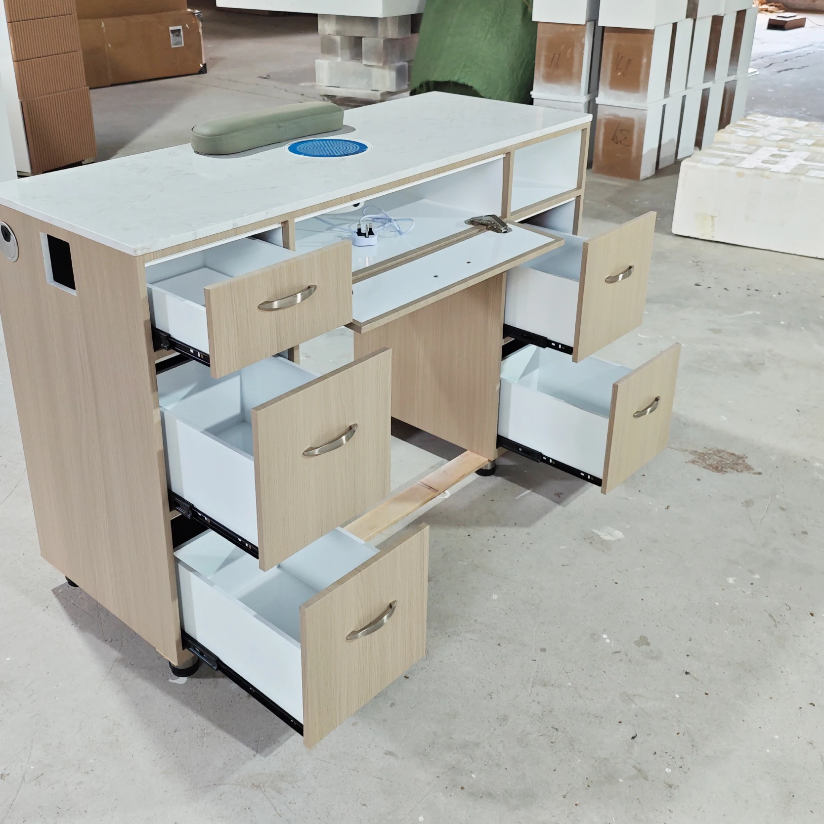 

Custom Nail Desk Beauty Salon Furniture Solid Wood Multi Drawers Manicure Table with Dust Collector and Nail Dryer