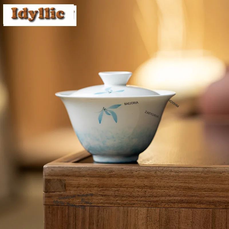 HOYIHM 100ml Hand-painted Butterfly Orchid Gaiwan Boutique Tea Tureen Tea Bowl With Lid Kit Tea Maker Cover Bowl Kung Fu Tea Set
