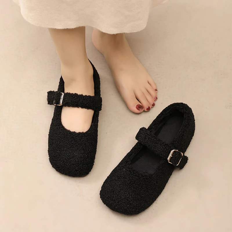 Elegant Square Toe Lambswool Mary Jane Shoes Woman Fashion Teddy Fur Ballet Flats Ladies Winter Warm Plush Loafers in Pink Green