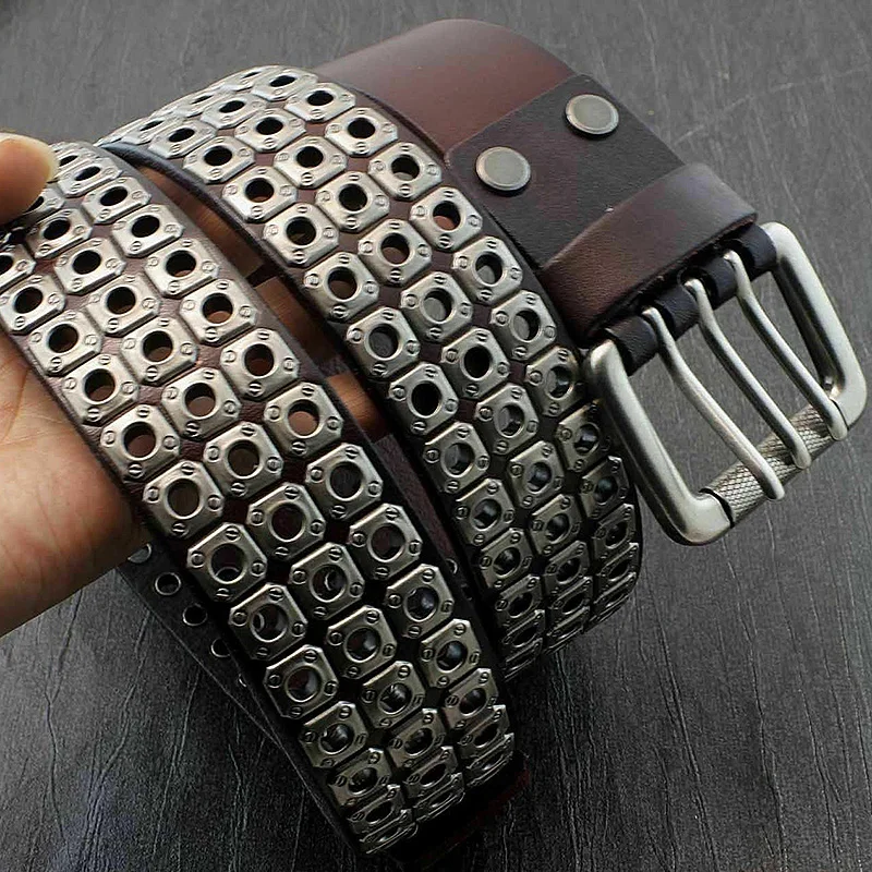 PU Leather Punk Style Biker Metal Rivet Belt Man Buckle Vintage Rock Rivet Pin Buckle Cowhide Luxury Waistband