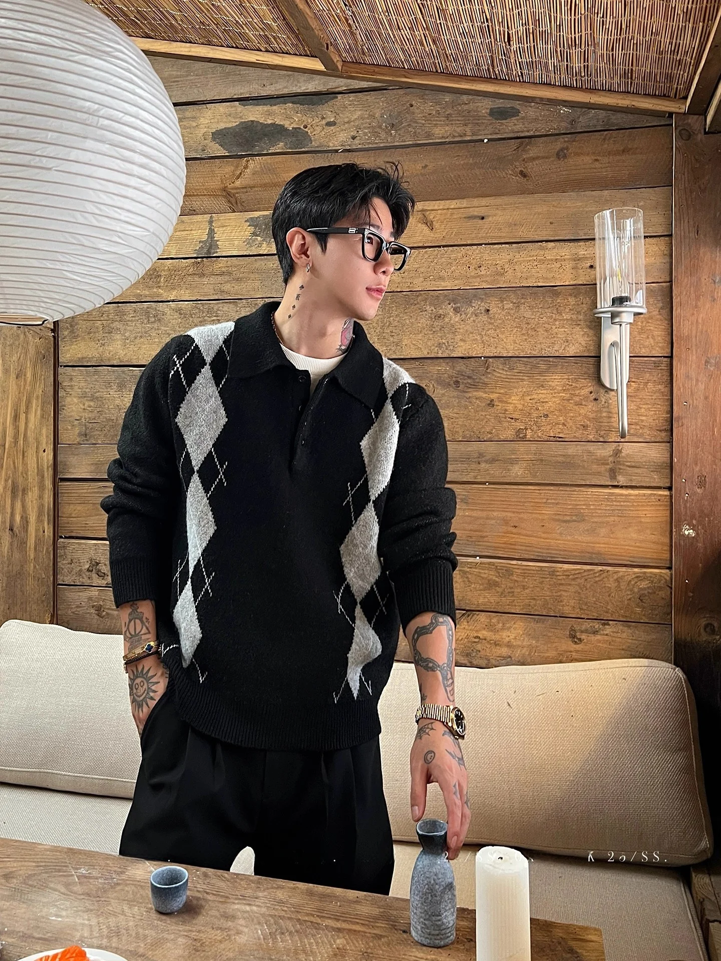 

OXFREAK Men's Knitted Sweater with Cross Dubill Collar And Embroidered Pattern Vintage Sle Long Sve Warm Winter N...