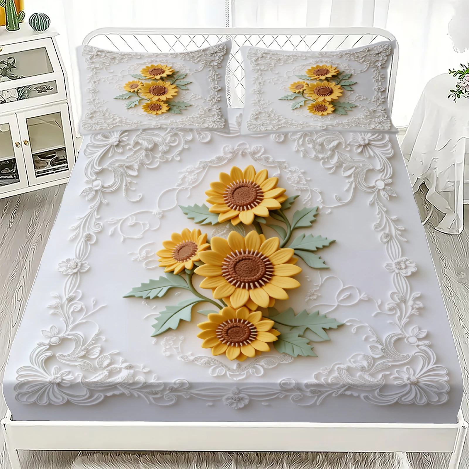 Sunflower Embroidered Fitted Sheet Set White Sunflower Floral Pattern Bedding With Pillowcases For Bedroom