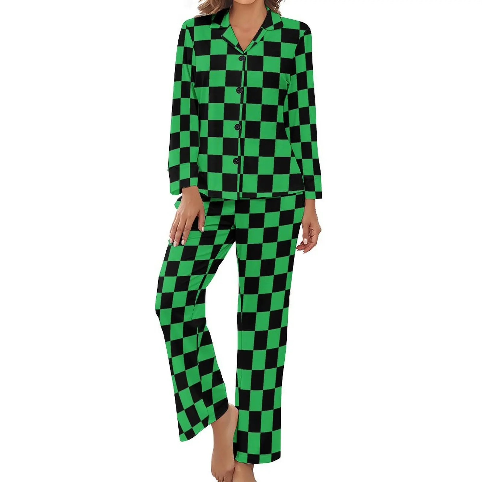 Vintage Check Print Pajamas Long Sleeves Black And Green Two Piece Casual Pajama Sets Spring Female V Neck Cute Sleepwear