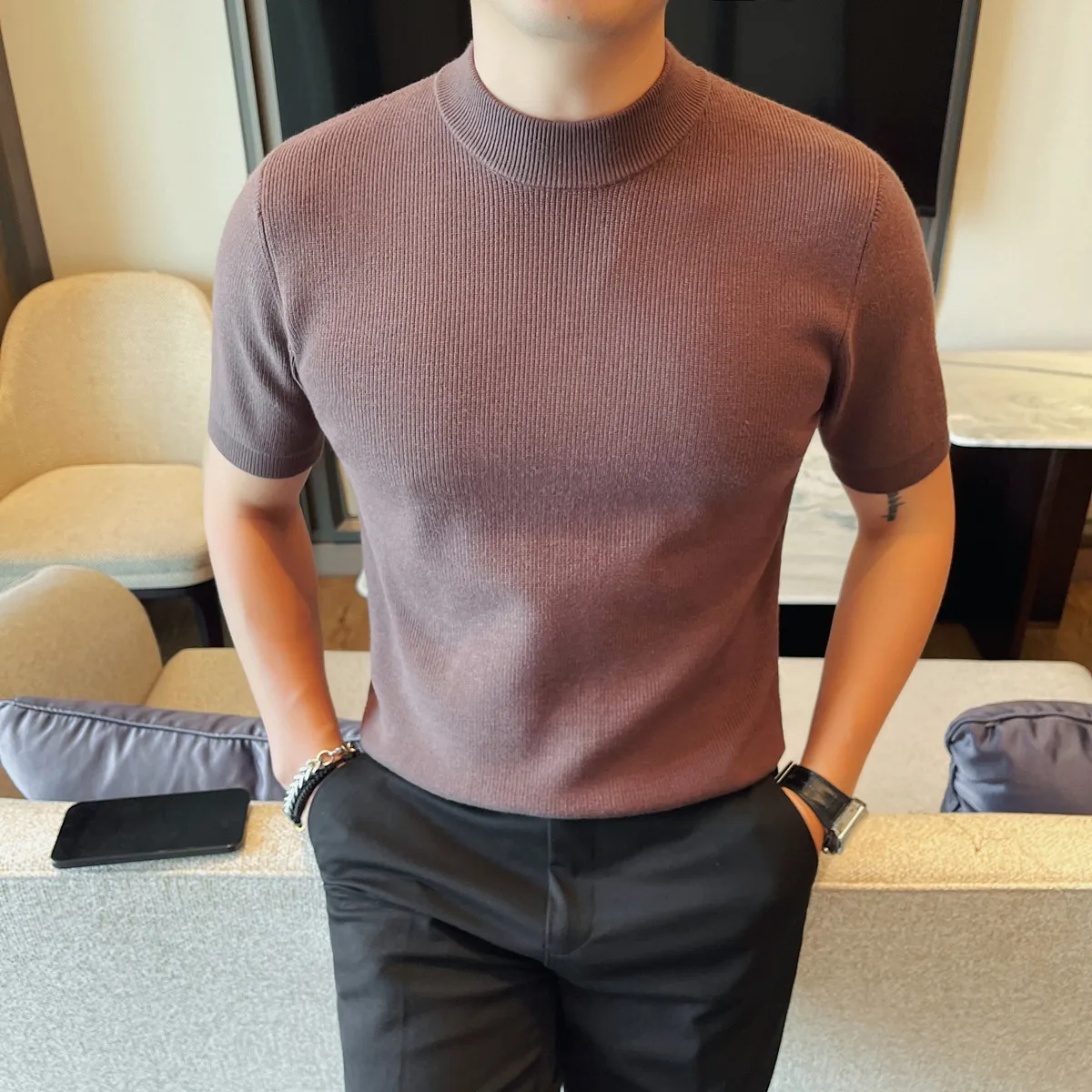

Black/White/Coffee Autumn Winter Short Sleeve Sweater For Man Simple Solid Color Slim Fit Casual Knitted Pullovers Sweaters Men