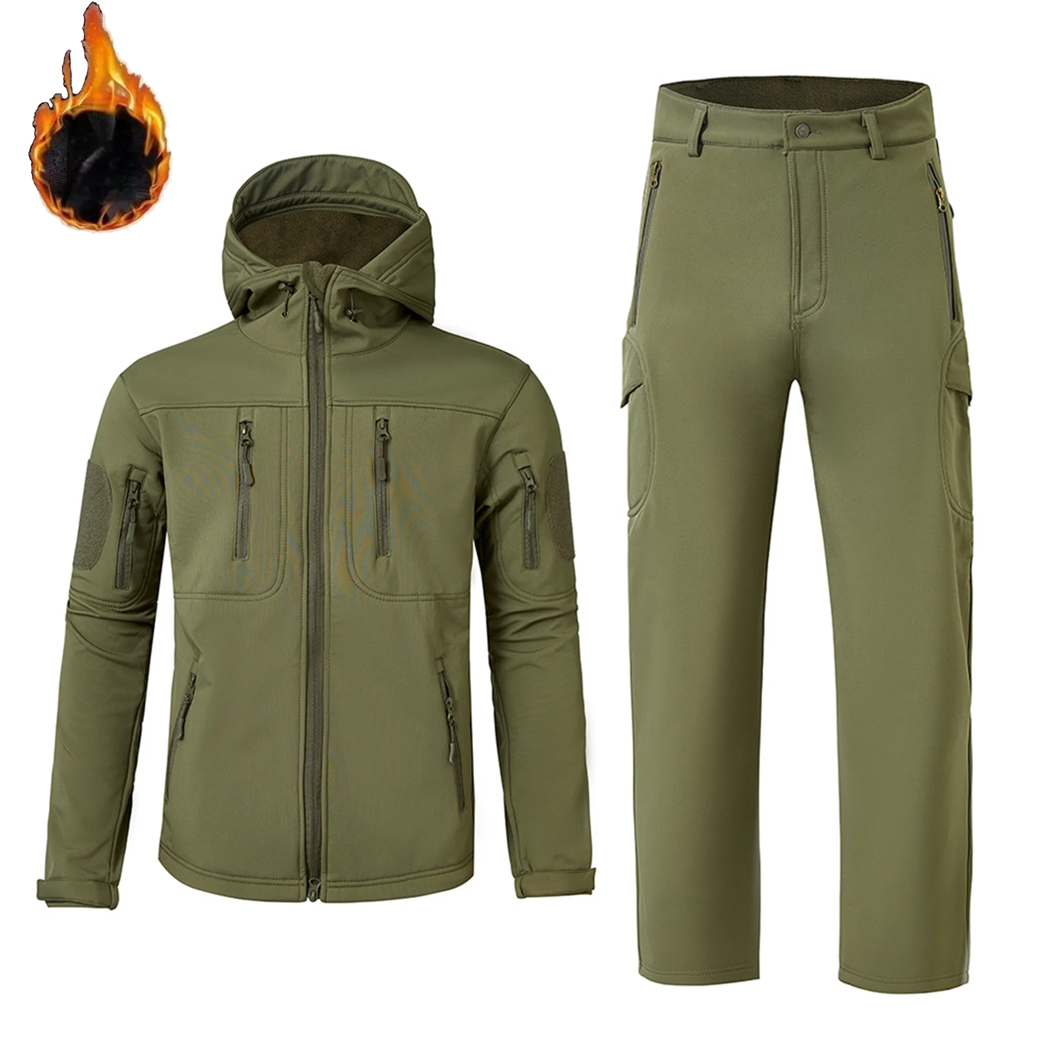

Camouflage Softshell Jacket Pants Set Waterproof Windproof Fleece Lined Hoodie Outdoor Hunting Trekking Sportswear Tactical Suit
