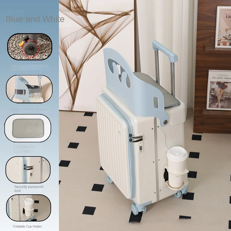 New Suitcase for Children Can Sit 20/22/24 inch Ride on Luggage Front Opening Sturdy Thickened Travel Suitcase with Cup Holder