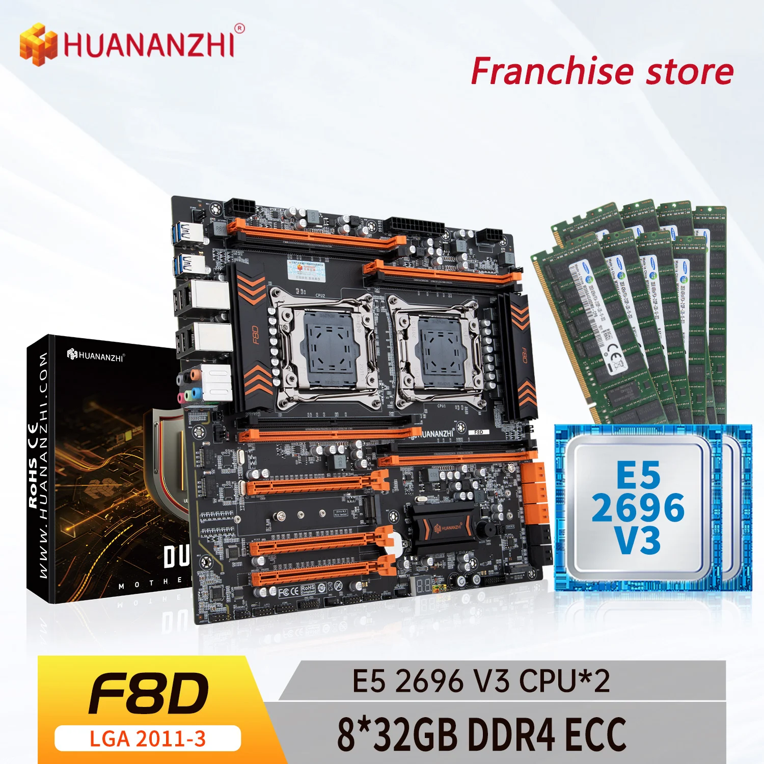 

HUANANZHI-placa base X99 F8D LGA 2011-3 XEON X99 con Intel E5 2696 V3 * 2, kit combinado de memoria DDR4 RECC de 8x32GB, NVME, U