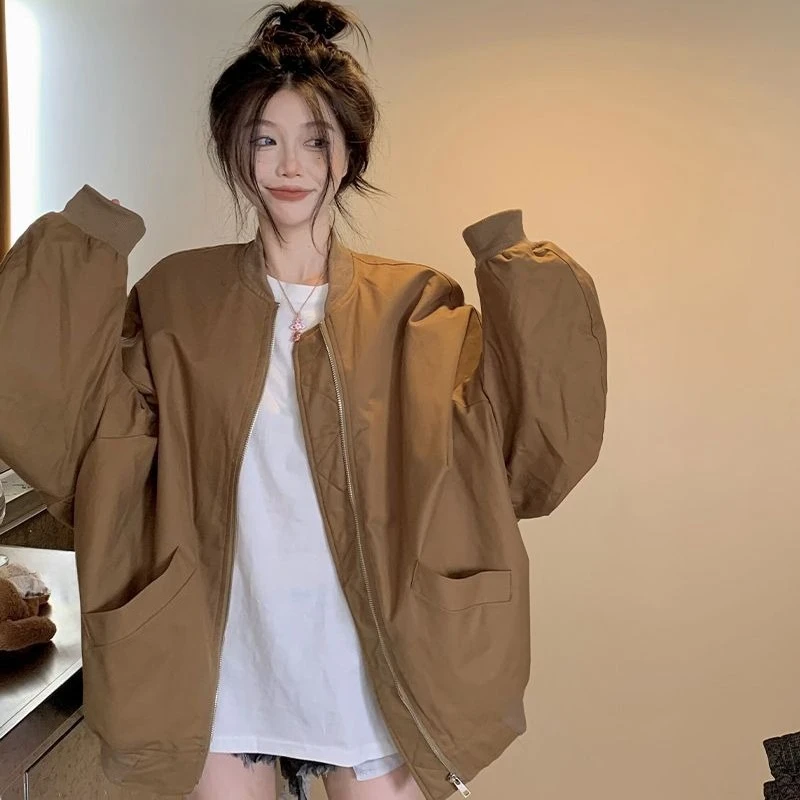 American Style Baseball Jacket for Women 2025 Retro Windbreaker with Pockets Petite Fit Outdoor Jacket for Spring Autumn​