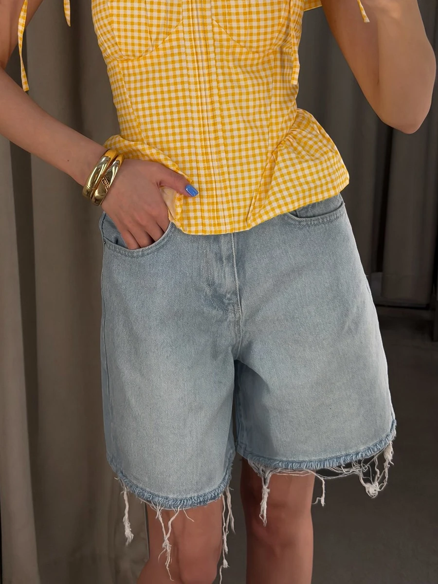Wolfeel Women's Denim Shorts 2026 New Style Tassel Edge Loose Classic Pocket Retro Shorts Suitable for Daily Casual Wear
