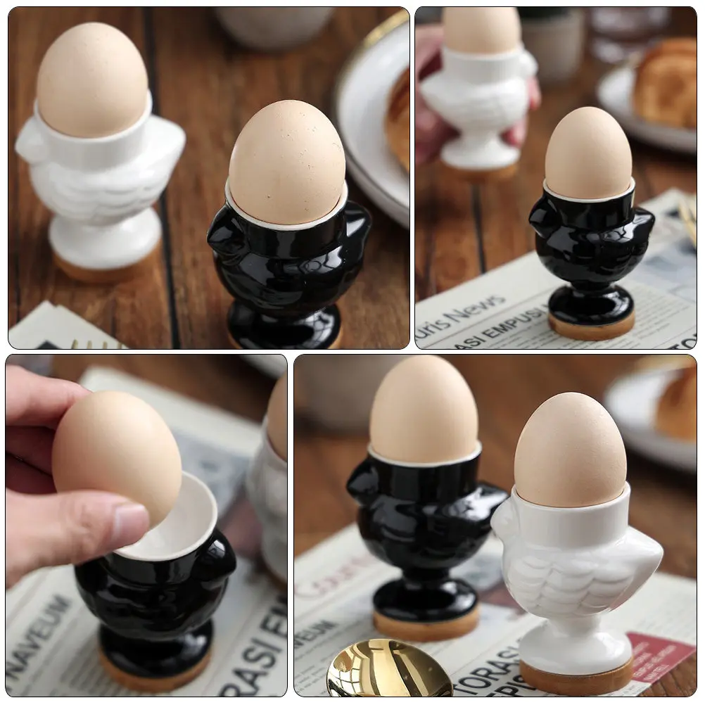 Eggs Cups Holder Decoration Cute Stand White Ceramic Chick Black with Base Platter