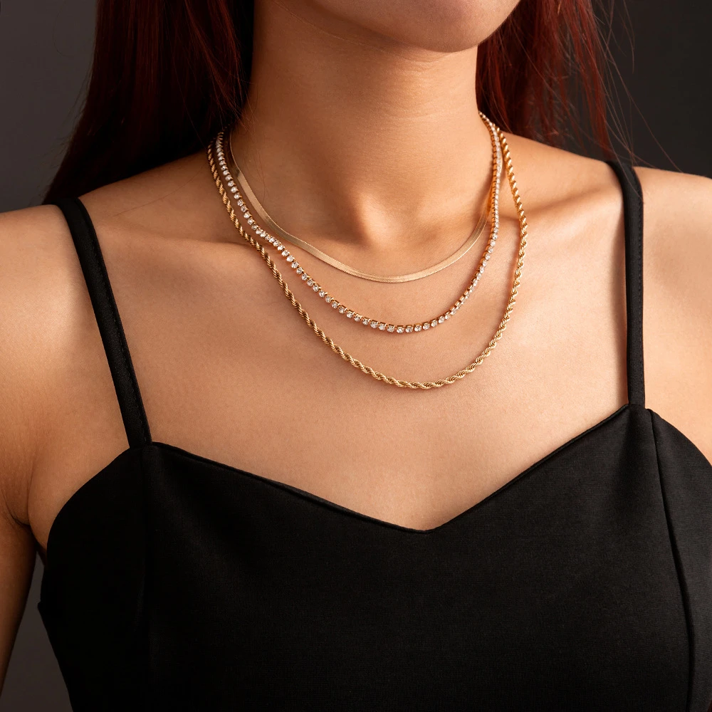 Conjunto de collar de cadena de serpiente giratoria de cristal geométrico multinivel para mujer, joyería de placa de plata chapada en oro, moda