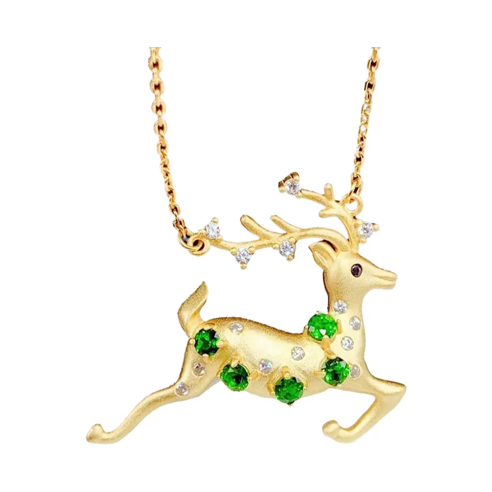 

KJJEAXCMY-925 Sterling Silver Deer Pendant Necklace for Women, Inlaid Natural Diopside, Female Necklace, Miss Trendy, Fine Jewel