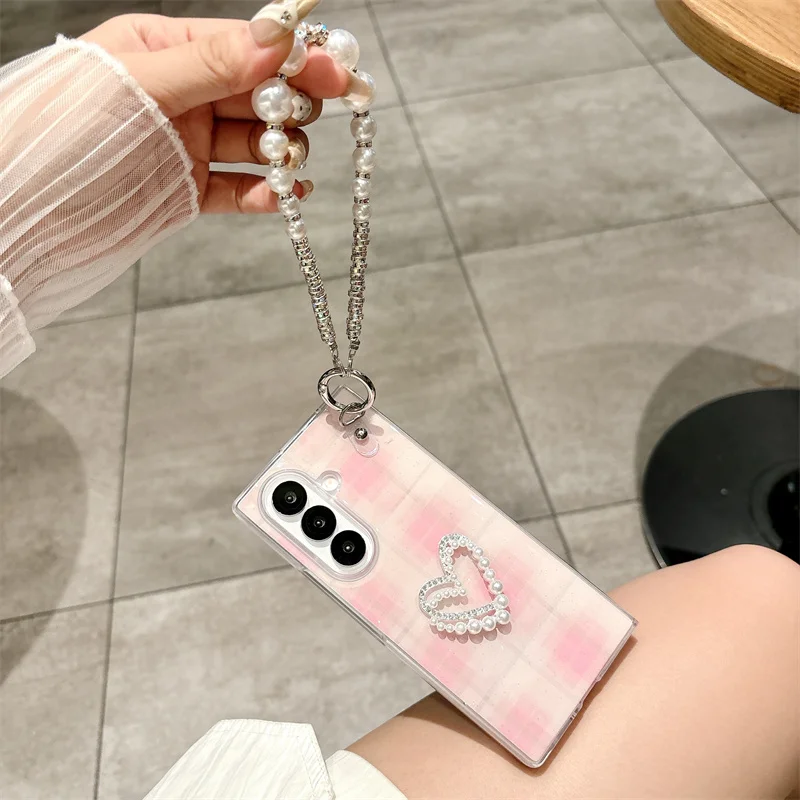 Чехол для Samsung Galaxy Z Fold 5 6 7, 3D жемчужный браслет с сердечком, противоударный чехол