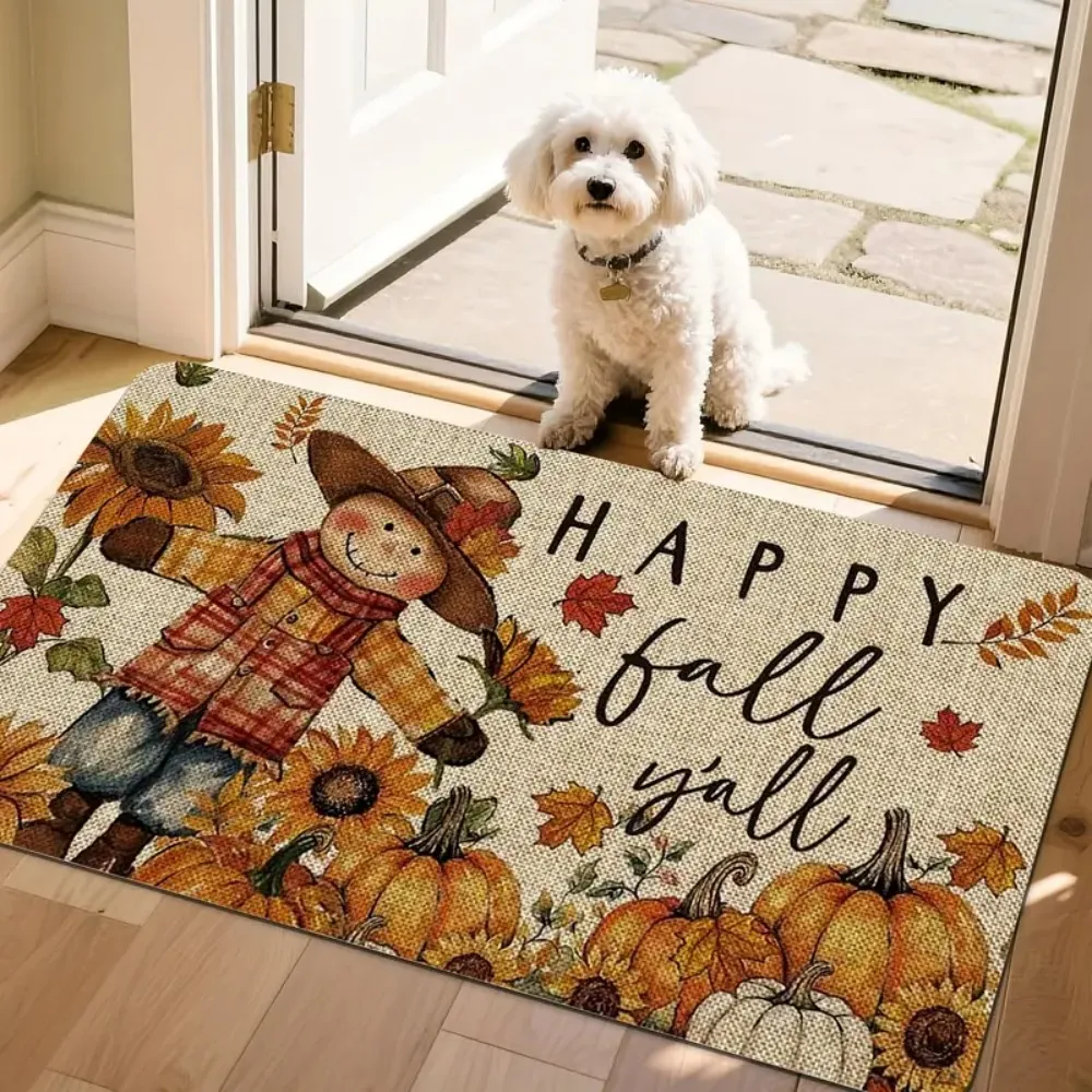 

1pcs "Happy Fall Y'all" Farmhouse Scarecrow with Sunflower Doormat, Non-slip Soft Polyester Floor Mat, Available in RV Bedroom